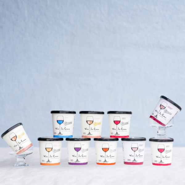 10 pint wine ice cream, 3 pints stacked on top of 4 pints, 3 pints in glasses